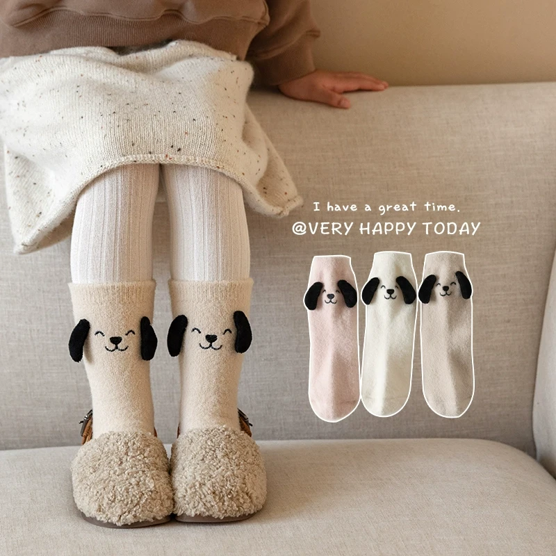女童袜子秋冬季加绒加厚儿童中筒袜可爱立体耳朵宝宝保暖绒地板袜
