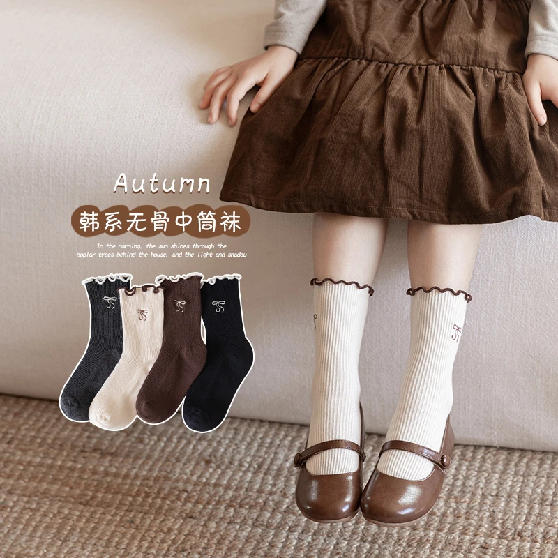 女童袜子春秋季薄款无骨儿童中筒袜韩系蝴蝶结女宝宝木耳边堆堆袜