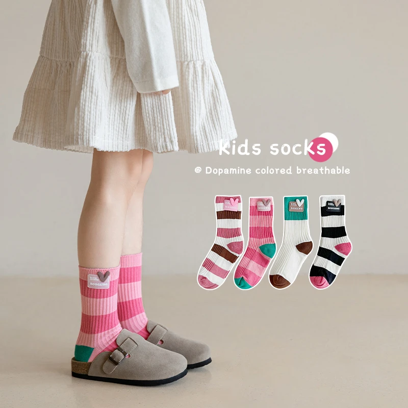 女童袜子春秋薄款儿童中筒袜韩版多巴胺彩色女孩宝宝条纹潮袜秋季