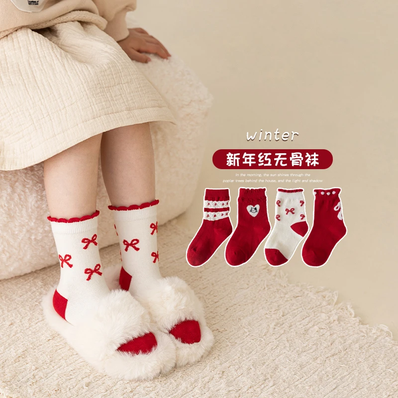 女童袜子红色新年袜秋冬棉袜儿童无骨中筒袜洋气宝宝公主风大红袜
