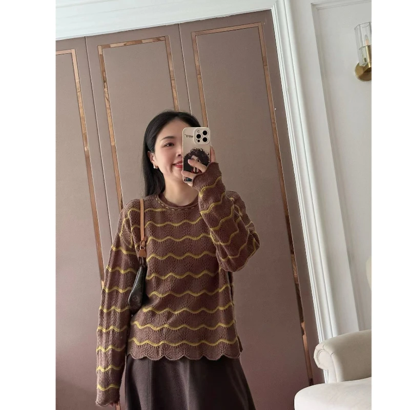 【Zoe轻奢】1oo羊毛撞色提花镂空波浪边长袖毛衣240668