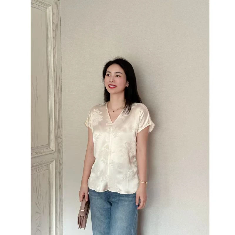 【海小姐】月下笛· 新中式重磅桑蚕丝提花V领短袖小衫245064