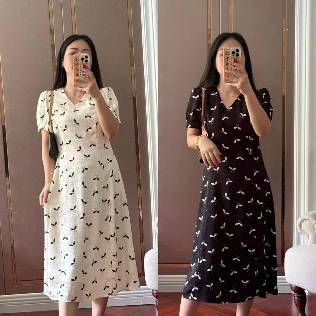 【Zoe轻奢】气质轻奢法式蝴蝶结修身印花裙240545