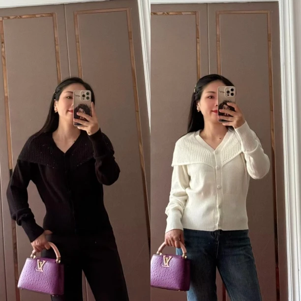 【Zoe轻奢】1oo羊毛V领细闪披肩设计单排扣毛衣开衫240742