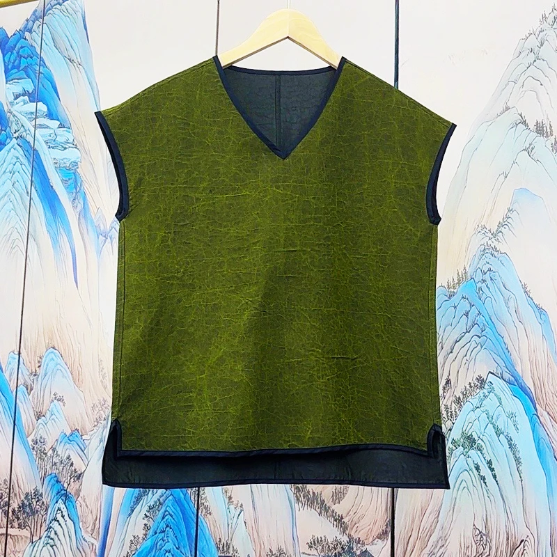 香云纱100%桑蚕丝龟裂纹老料小衫女士两面穿坎肩上衣夏季无袖T恤