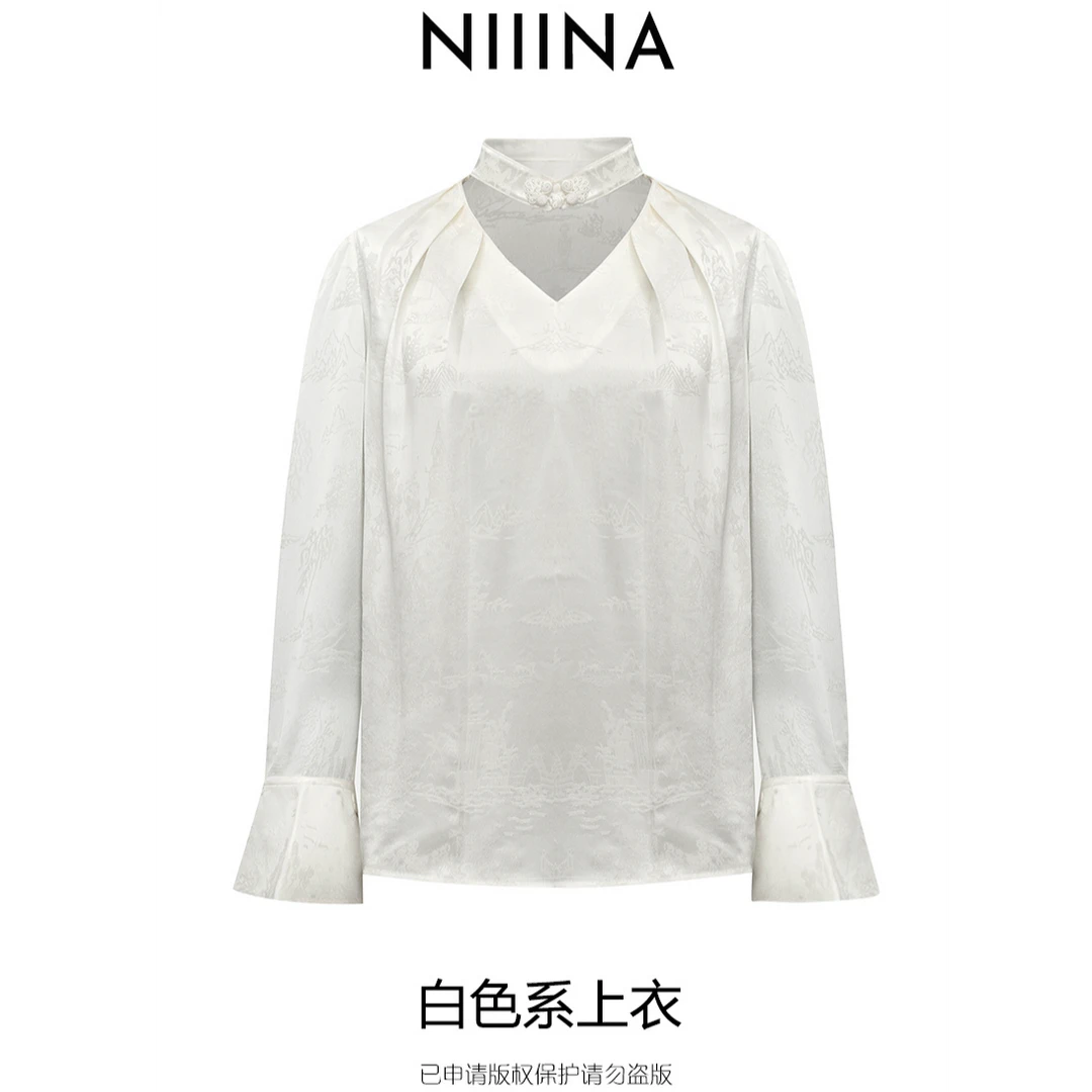 NIIINA设计师上衣女款蕾丝气质衬衣长袖白色4269G