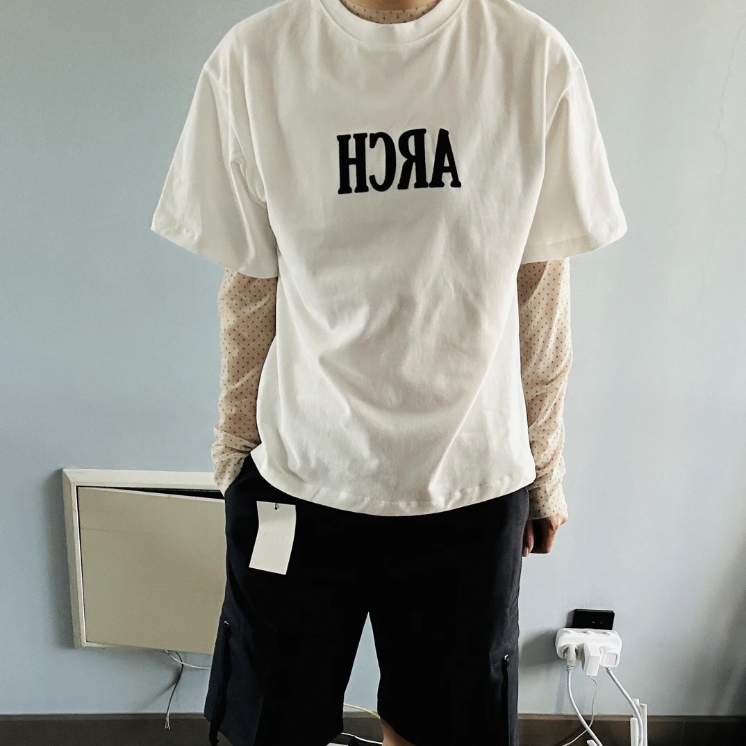 24年韩国订单英兰同款休闲简约纯色圆领落肩字母短袖T恤上衣韩版