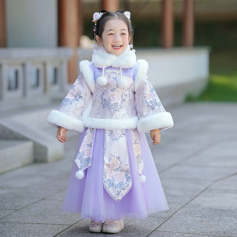 拜年服女童加厚冬季汉服2023新款儿童中国风马面裙唐装宝宝新年装