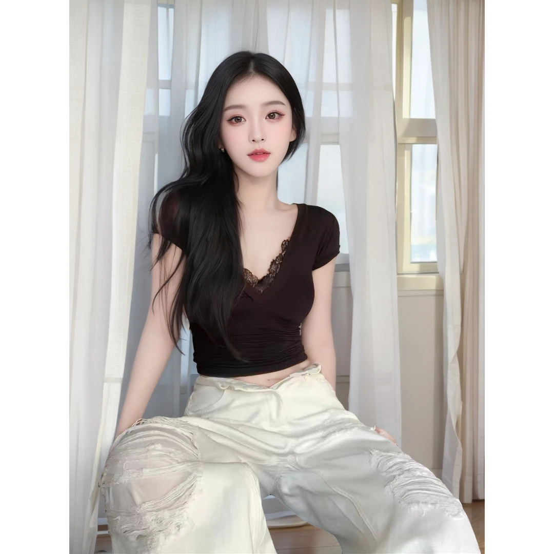 优选头家白色v领蕾丝长袖t恤女性感纯欲打底衫短款低胸上衣1009