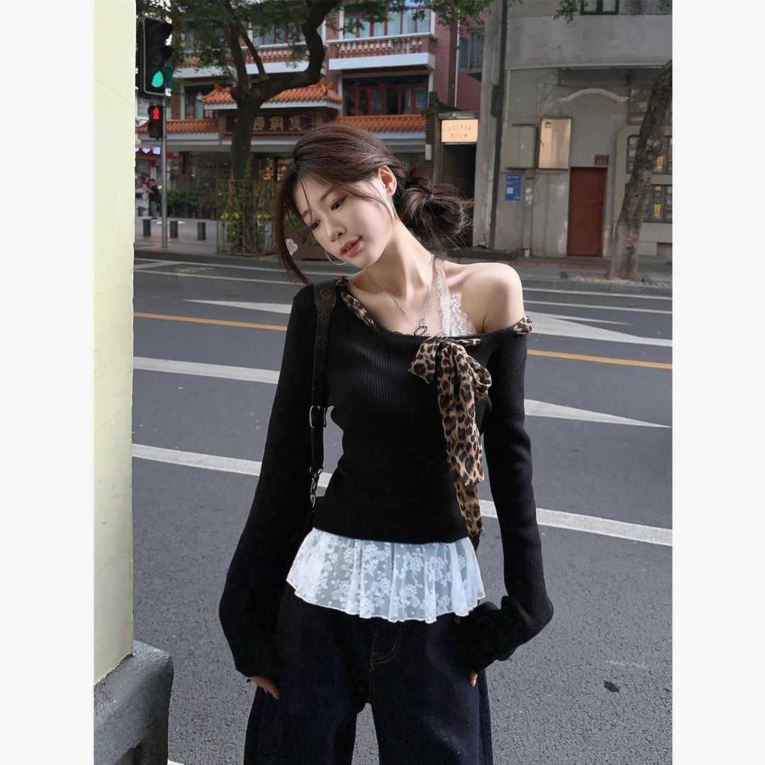 黑色套装豹纹系带长袖T恤女早秋新款修身斜肩内搭短款打底衫上衣