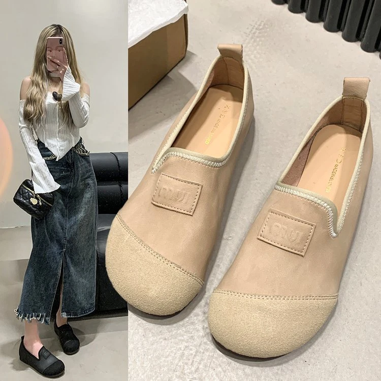 时尚休闲女鞋春秋季软面皮鞋百搭软底豆豆鞋浅口一脚蹬防滑鞋子