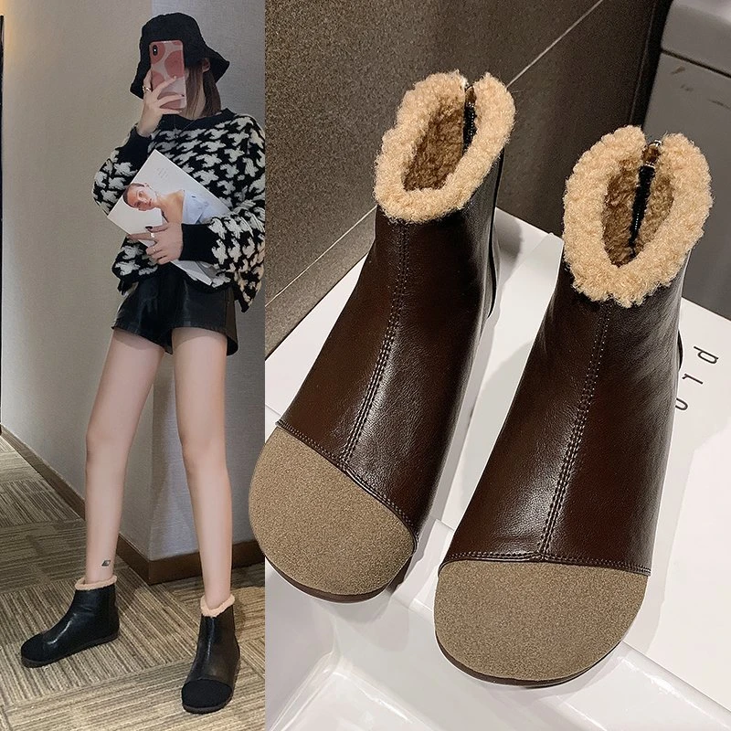 马丁靴秋冬季加绒百搭平底复古牛筋软底软皮保暖厚底防滑短靴女