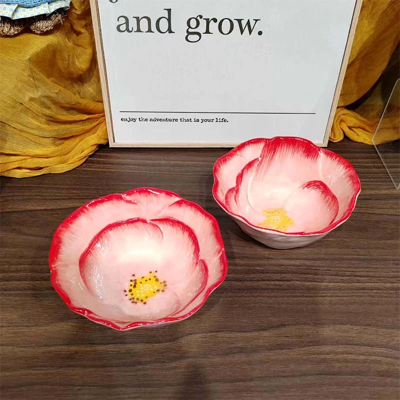 冠祥-玫瑰花瓣碗6英寸碗2个装花朵碗手绘陶瓷碗高颜值面碗釉下彩