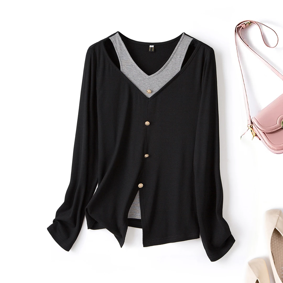 大码女装胖mm2025秋季小心机镂空针织衫假两件上衣61966