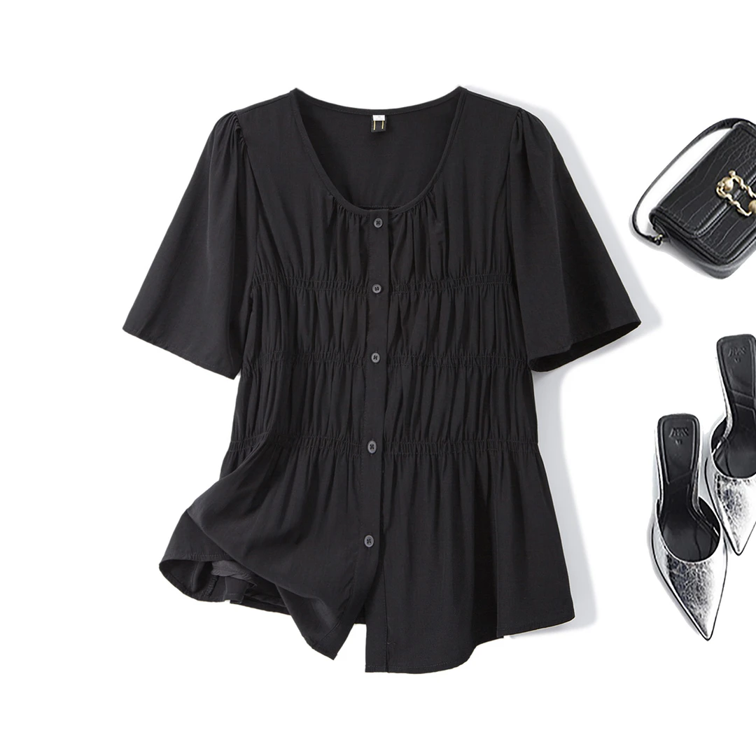 清大码女夏季韩版通勤胖妹妹简约减龄百搭纯色圆领短袖衬衫63368