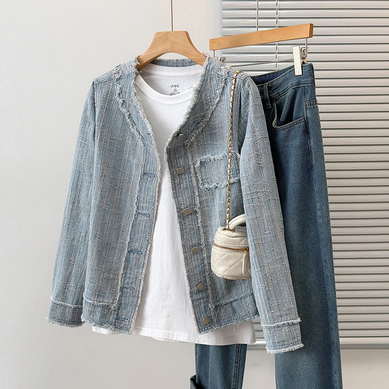 清65231大码女装2025春季韩版设计感小众宽松复古减龄牛仔外套