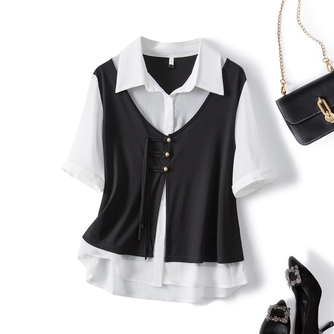 63140大码女装2025夏季新款胖妹妹假两件显瘦衬衫设计感百搭上衣