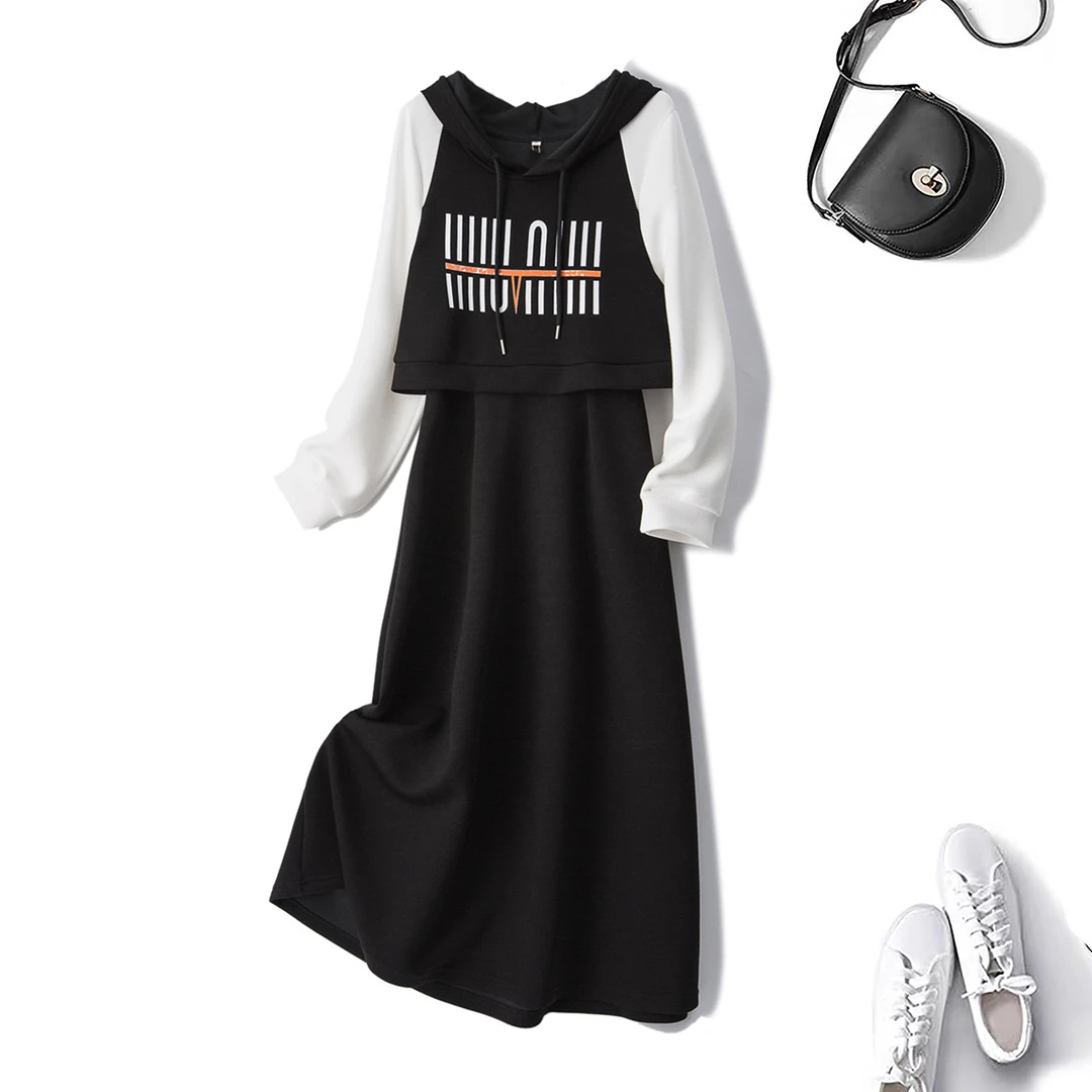 2025春季大码胖mm拼接假两件连衣裙韩版收腰中长款卫衣裙子63498