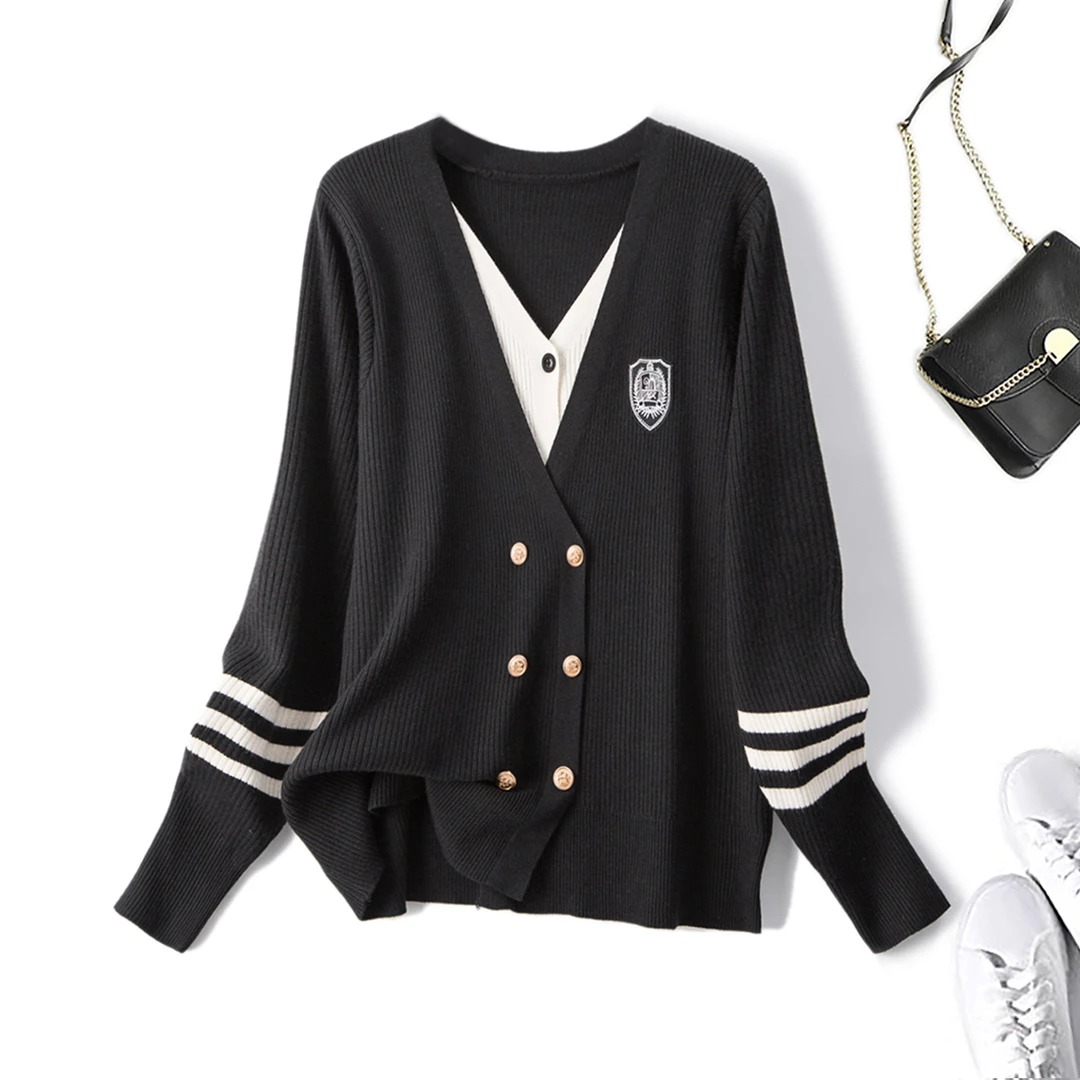 大码韩版学院风双排扣假两件针织衫2025秋冬V领气质减龄外套69270
