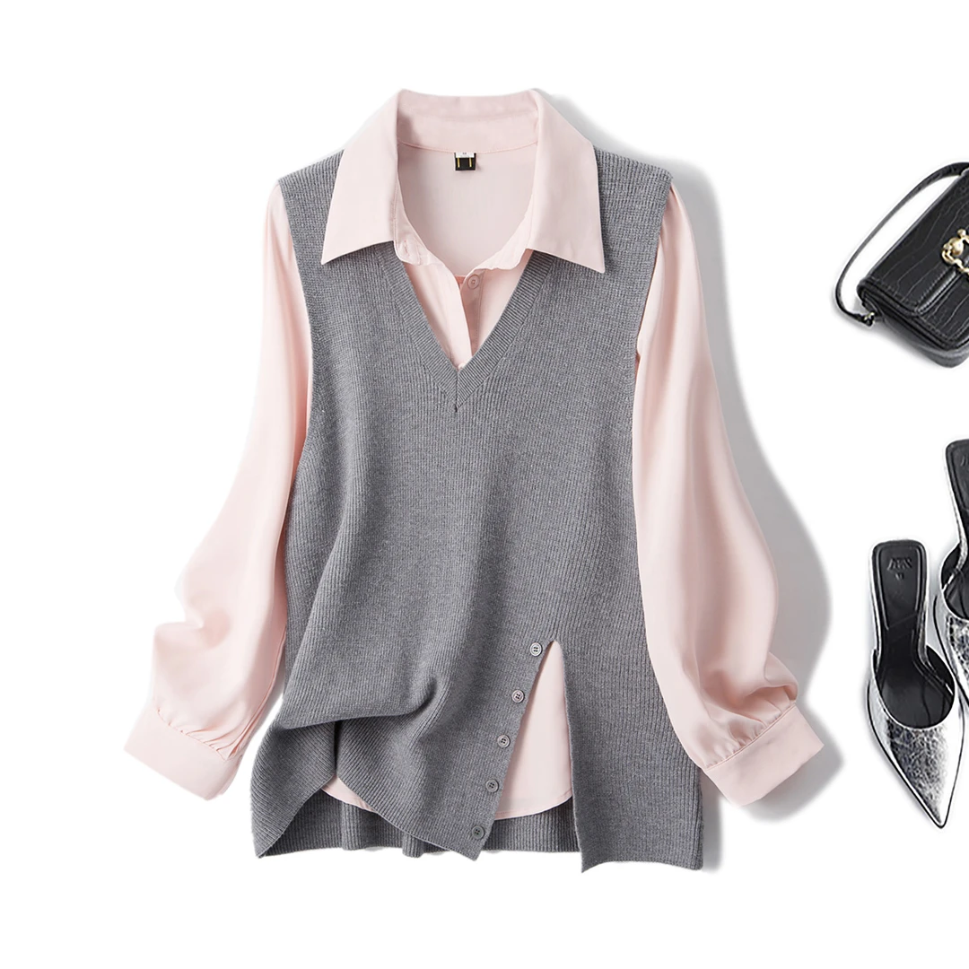 清2024秋季大码女V领毛衣马甲小个子气质衬衫叠穿套装69118+62158