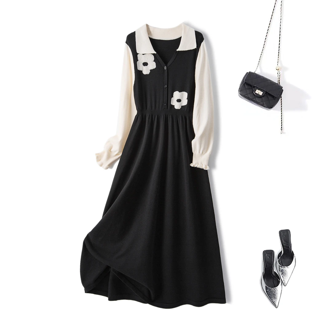 清大码法式假两件针织连衣裙2024秋冬收腰遮肉内搭V领长裙68616