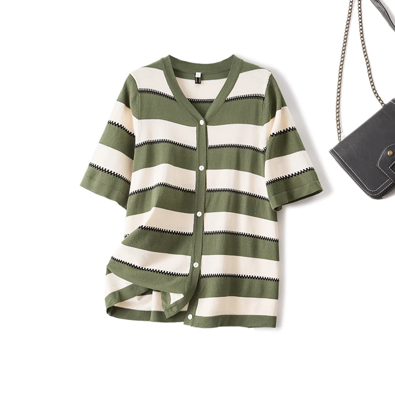 长68009清大码女装2024夏季时尚气质V领单排扣开衫上衣条纹针织衫
