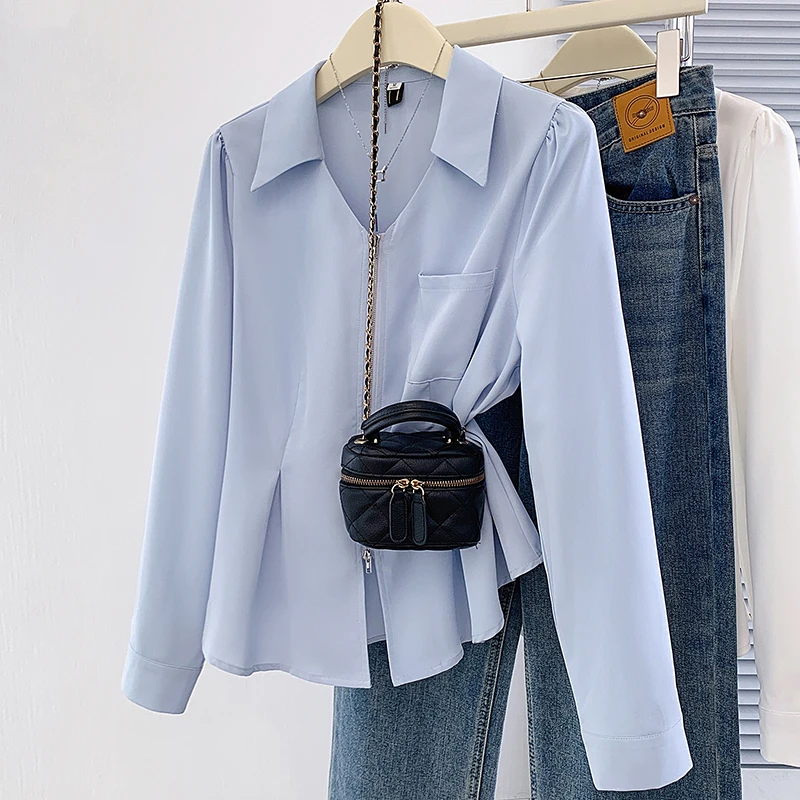 大码女装2025年秋季新款韩系内搭拉链衬衣正肩百搭显瘦上衣63479
