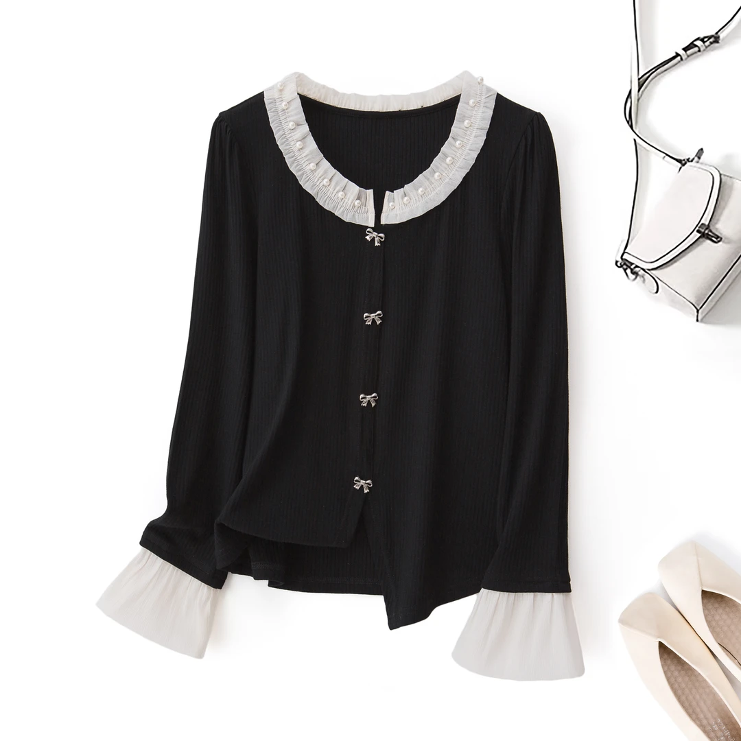 大码女2026春季新款胖mm法式气质针织衫小香风钉珠蕾丝上衣62127