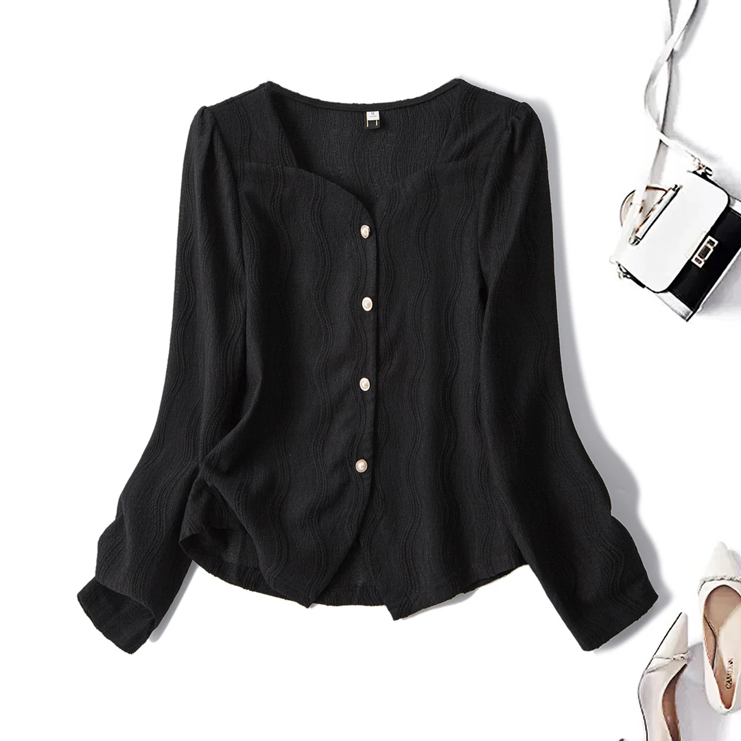 大码女法式气质肌理感衬衣2025秋季新款正肩内搭别致上衣63340