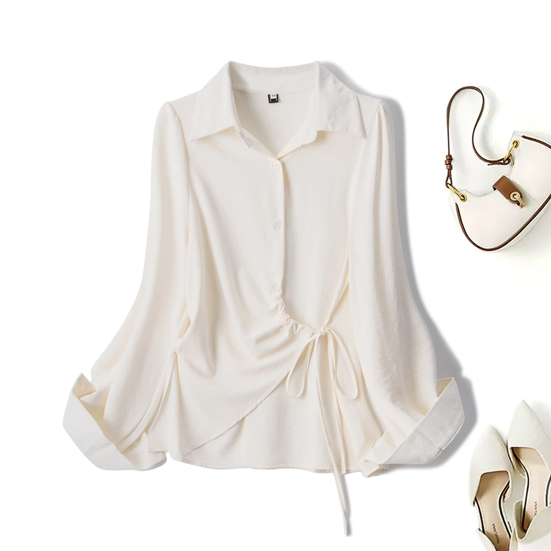 2026春季新款大码女胖妹妹设计感百搭开叉系带收腰显瘦衬衫63488