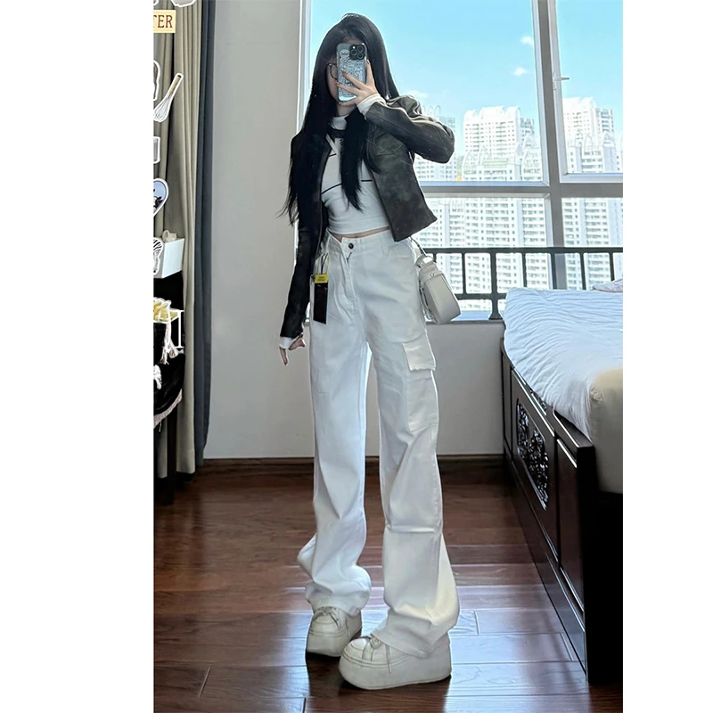 秋冬美式复古白色工装裤高个子加长高腰显瘦休闲阔腿拖地低腰裤