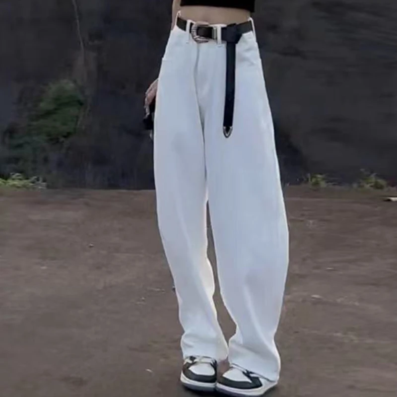 春秋白色裤子女小个子宽松复古高腰直筒工装阔腿牛仔裤2023年新款
