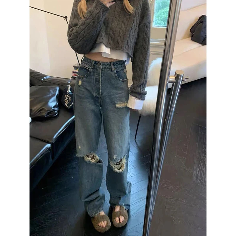 2025新款秋冬季蓝色显瘦高腰宽松拖地阔腿破洞设计感低腰裤