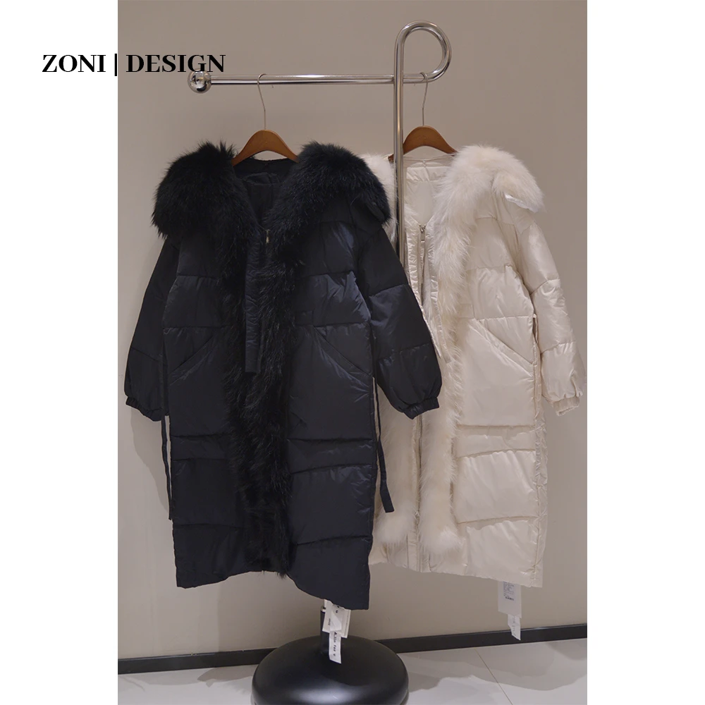 ZONI【新年战袍】狐狸毛长款羽绒服时尚加厚冬季大毛领