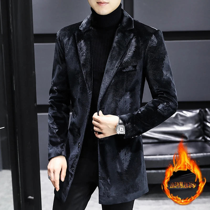 时尚高档呢子外套男士中长款秋冬季新款加绒加厚毛呢大衣潮流百搭