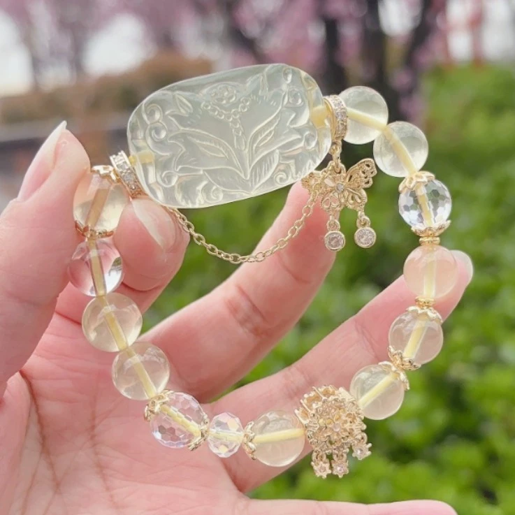 正品黄水晶九尾狐手牌搭配黄水晶圆珠女款单圈手链 凤九手串手链