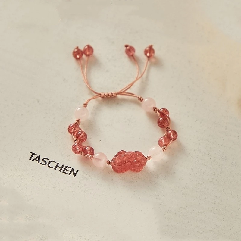 正品草莓晶貔貅手链女编织手绳本命年红绳简约气质女款编绳甜美