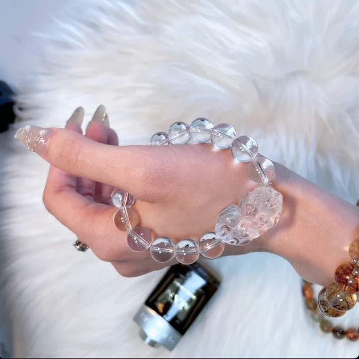 正品白水晶貔貅手链白色单圈手工百搭男女情侣款简约清新素圈可爱