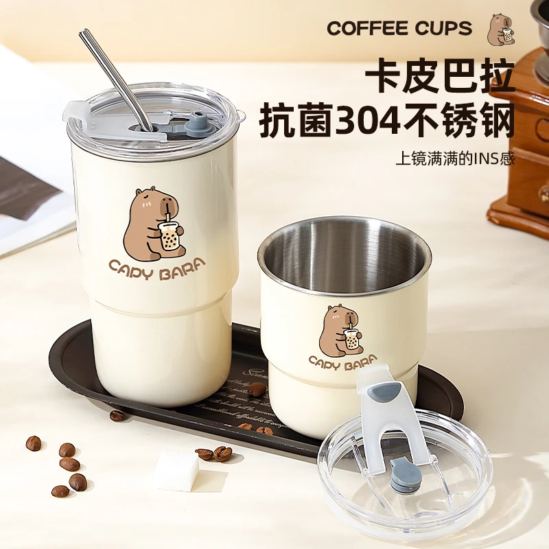 新款夏季冰霸杯咖啡杯马克杯女生办公室水杯不锈钢吸管杯带盖防摔