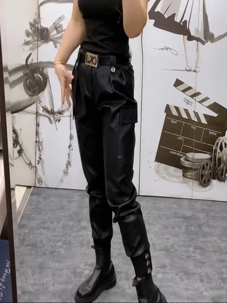 工装水洗皮裤秋冬百搭洋气黑色时尚修身显瘦网红休闲裤