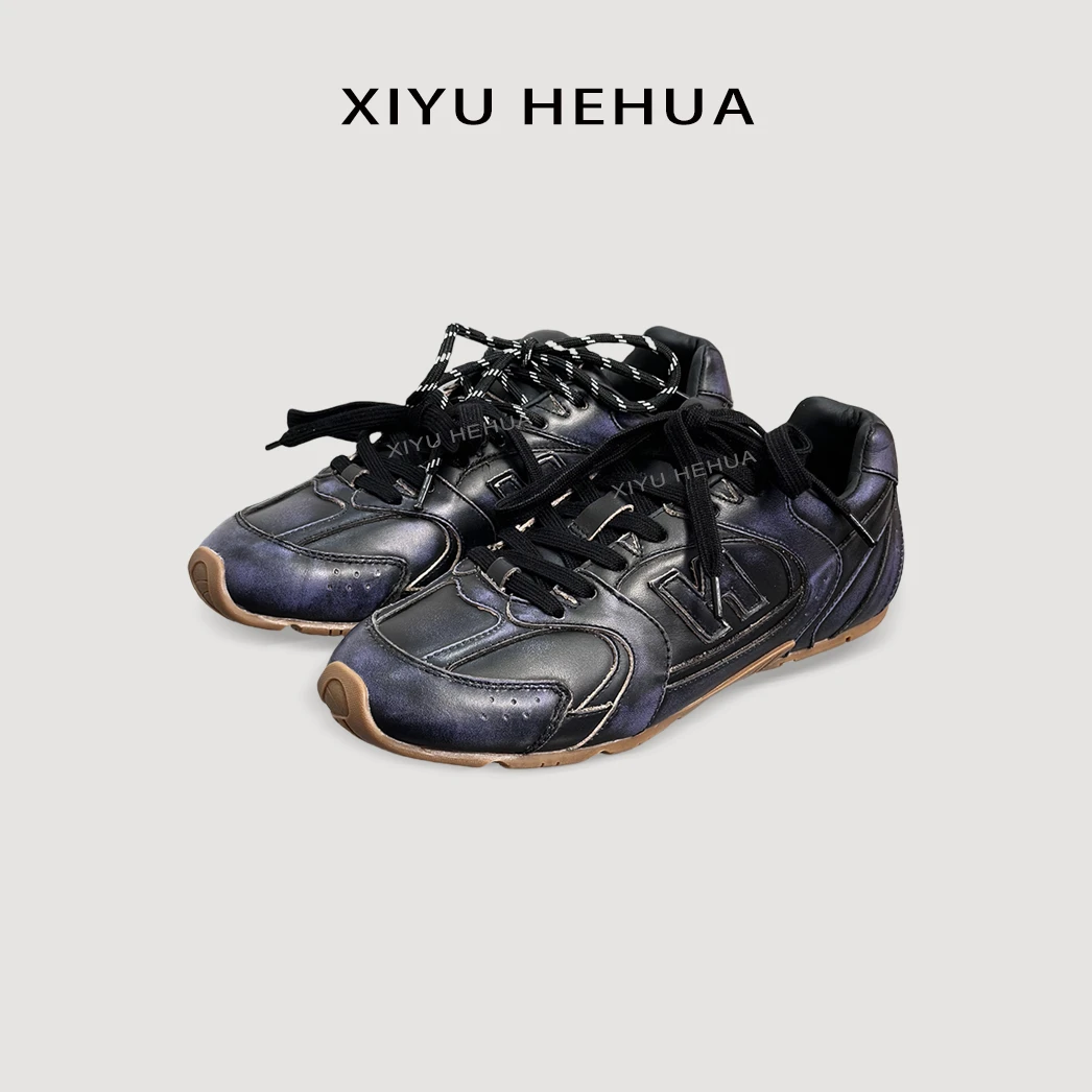 miu家联名款真皮做旧复古擦色脏脏德训鞋透气舒适显瘦赛车鞋女