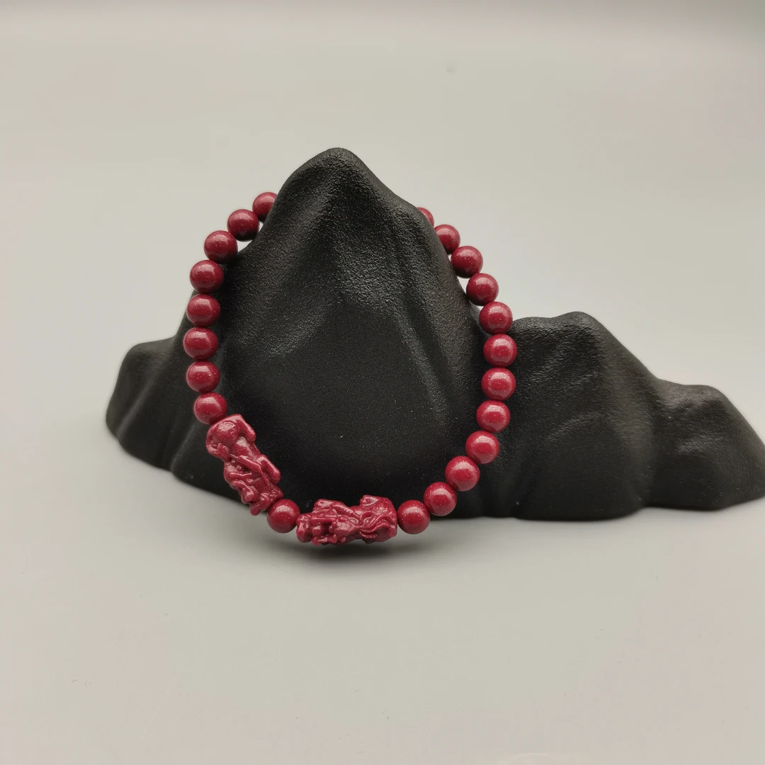 含辰砂工艺品JS125-紫金砂雕刻双貔貅带隔珠单圈手串6mm