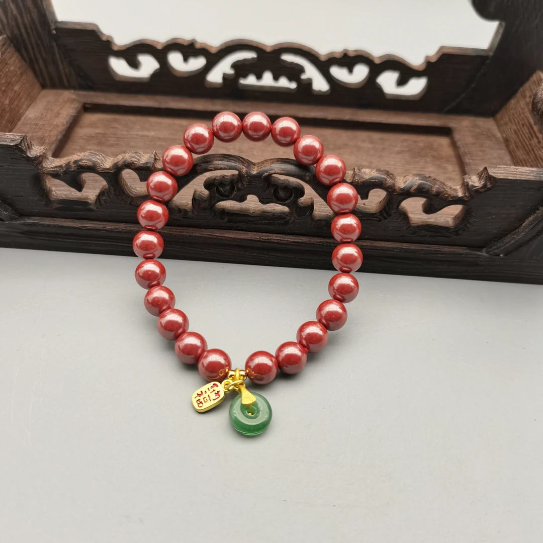含辰砂工艺品W250-朱砂帝王砂8mm平安扣纳福牌造型单圈手串