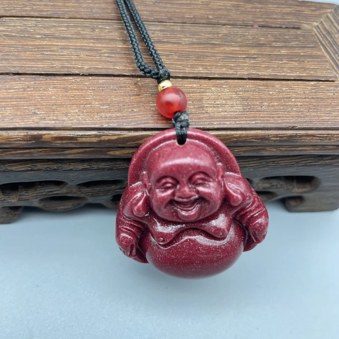 含辰砂工艺品JS096-紫金砂雕刻大肚佛吊坠33mm