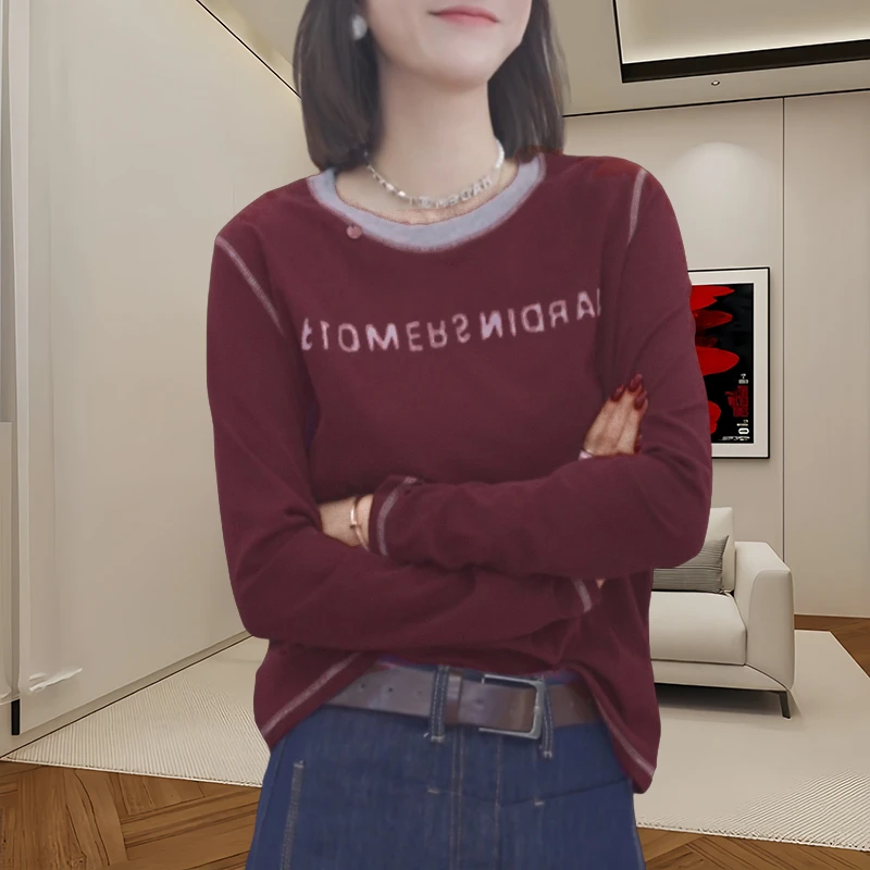 时尚长袖t恤女秋季新款字母印花大码圆领打底衫洋气百搭休闲上衣