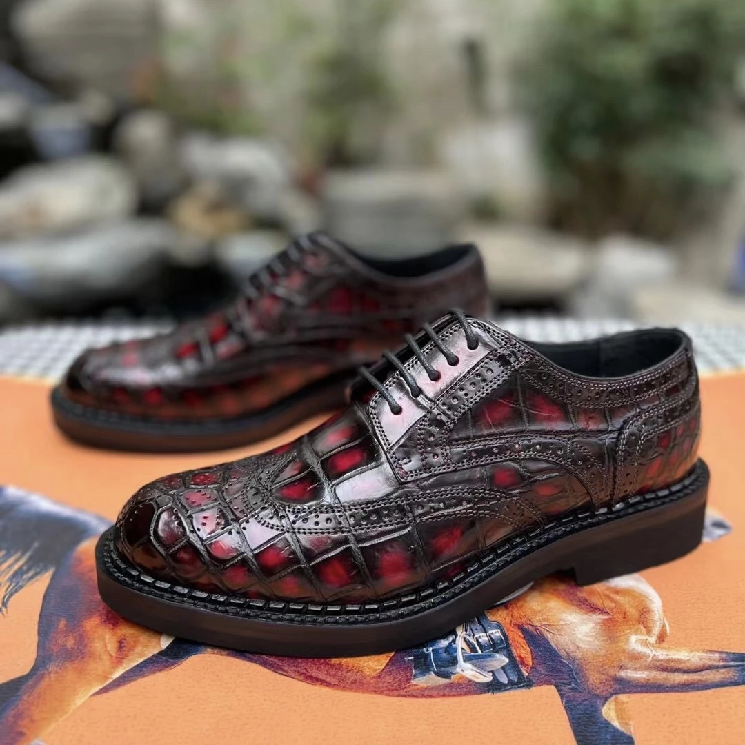 鳄鱼皮酒红色，布洛克雕花皮鞋