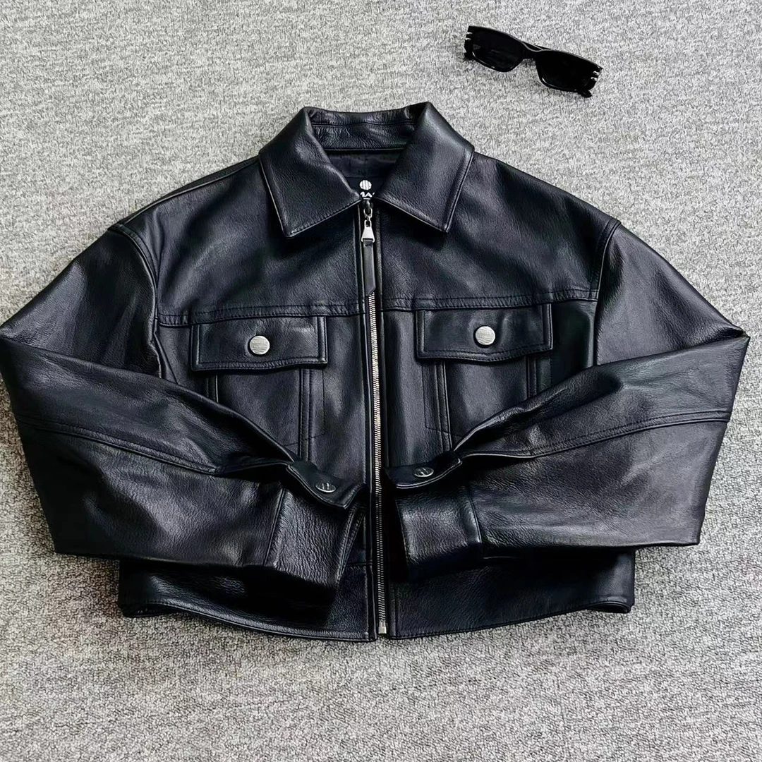 AMASS/阿玛施【博主同款】时尚质感百搭酷感新款羊皮革皮衣高腰休闲