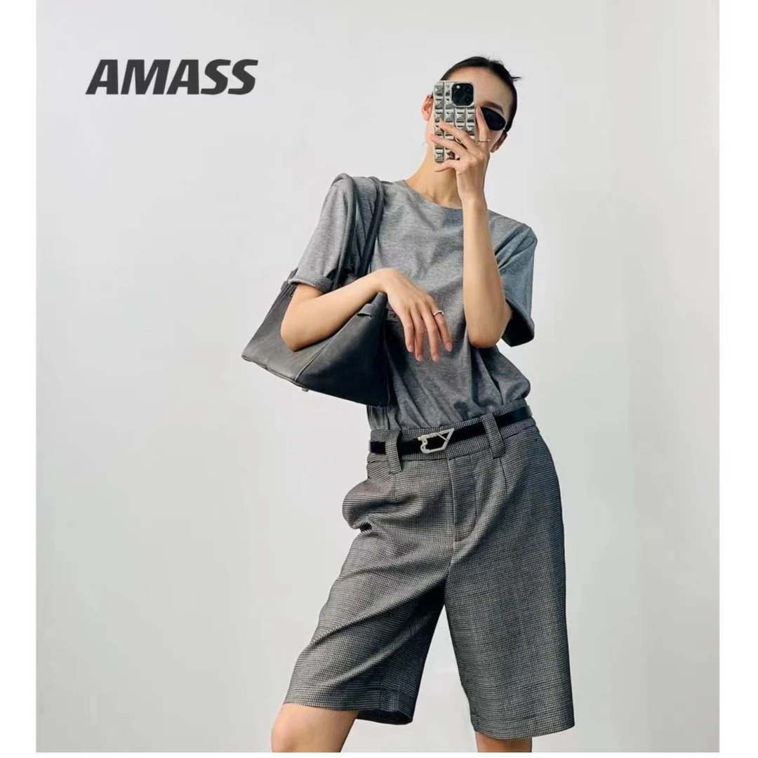 AMASS/阿玛施【慵懒假日】设计师休闲格纹中裤绵羊毛＋聚酯纤维＋氨纶