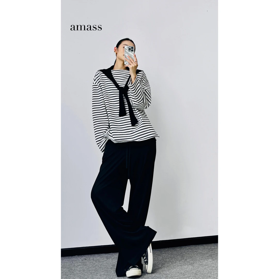 AMASS/阿玛施【美式穿搭】休闲高街百搭黑白条纹宽松长袖T恤显瘦ol