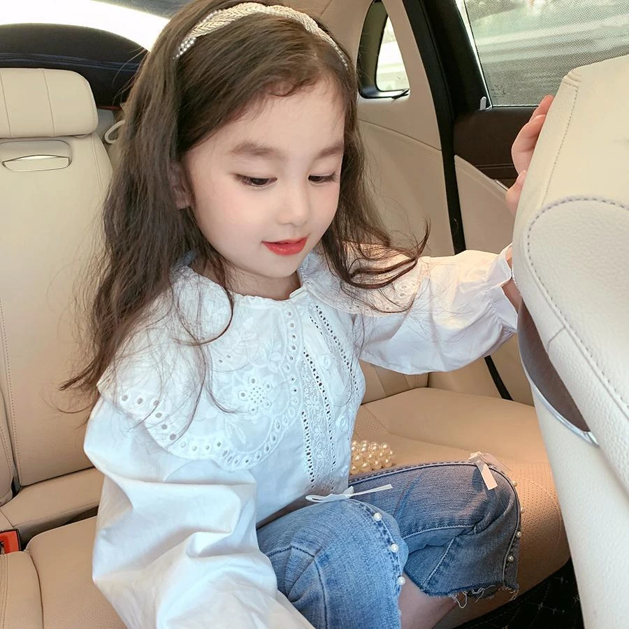 女童白衬衫翻领儿童2022新款春装蕾丝衬衣韩版女宝宝洋气长袖上衣